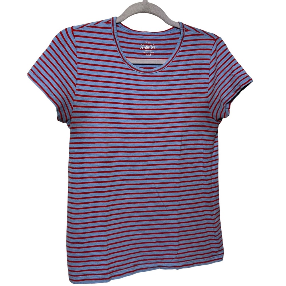 J.Crew Studio Tee Womens Small Blue Red Striped Short Sleeve 100% Cotton T-Shirt